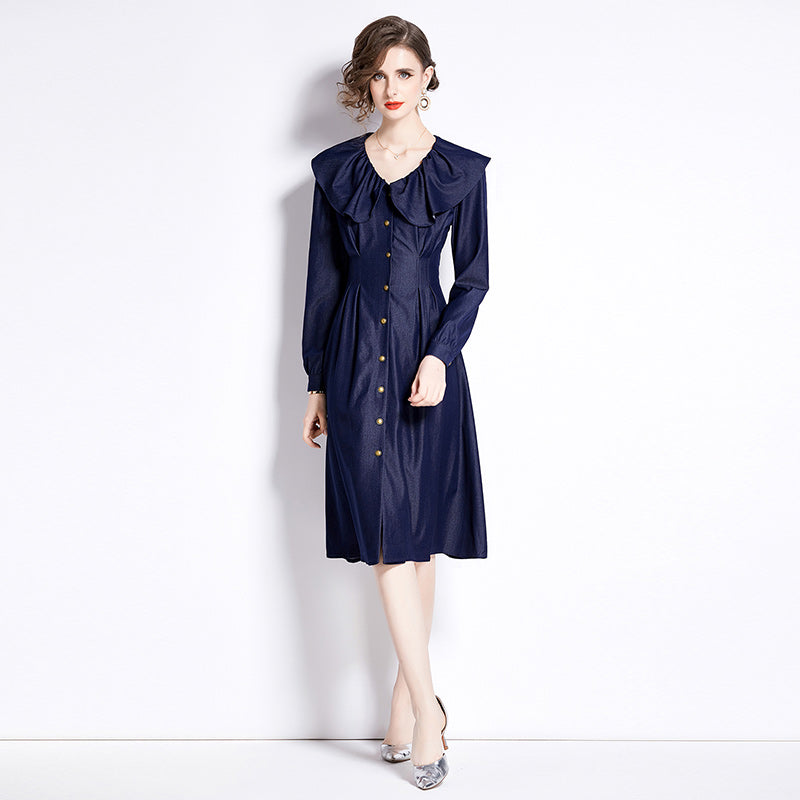CM-DY090431 Women Elegant European Style Leaf Collar Long Sleeve Denim Dress - Navy Blue