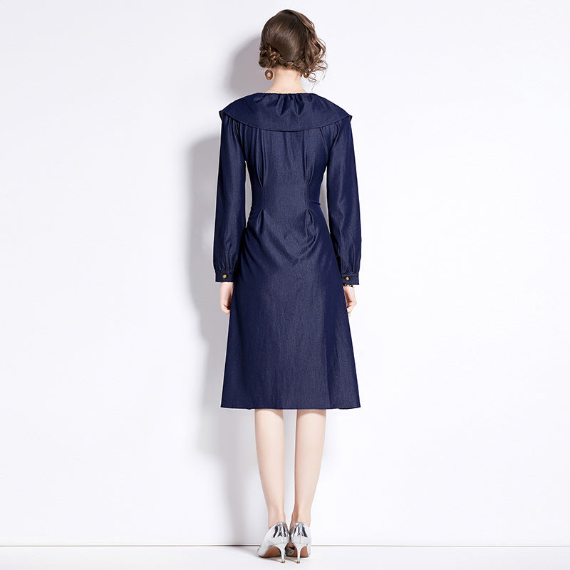 CM-DY090431 Women Elegant European Style Leaf Collar Long Sleeve Denim Dress - Navy Blue