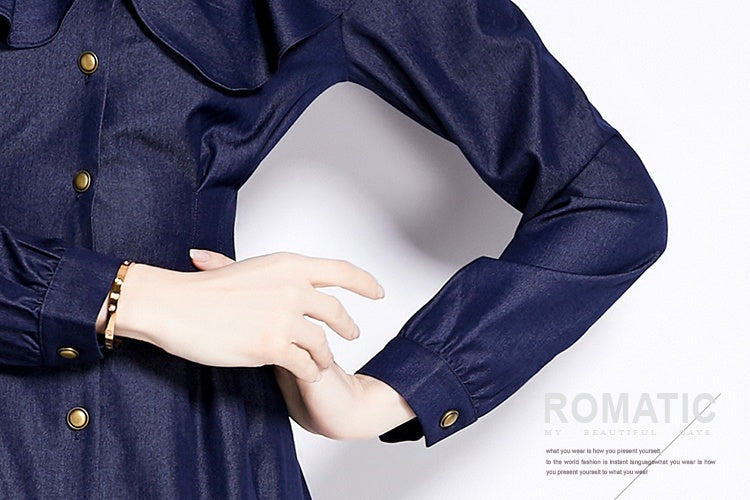 CM-DY090431 Women Elegant European Style Leaf Collar Long Sleeve Denim Dress - Navy Blue