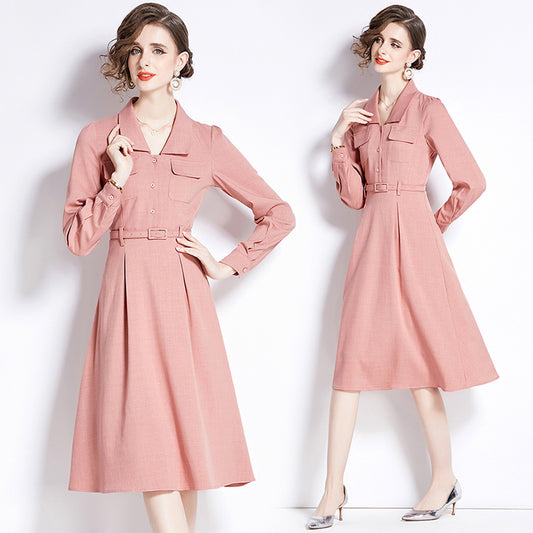 CM-DY090432 Women Elegant European Style V-Neck Long Sleeve Midi Dress - Pink