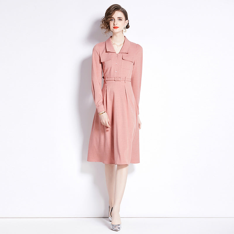 CM-DY090432 Women Elegant European Style V-Neck Long Sleeve Midi Dress - Pink
