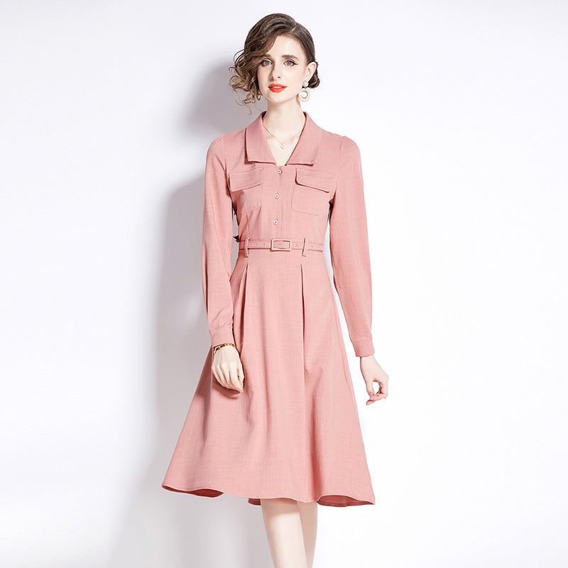 CM-DY090432 Women Elegant European Style V-Neck Long Sleeve Midi Dress - Pink