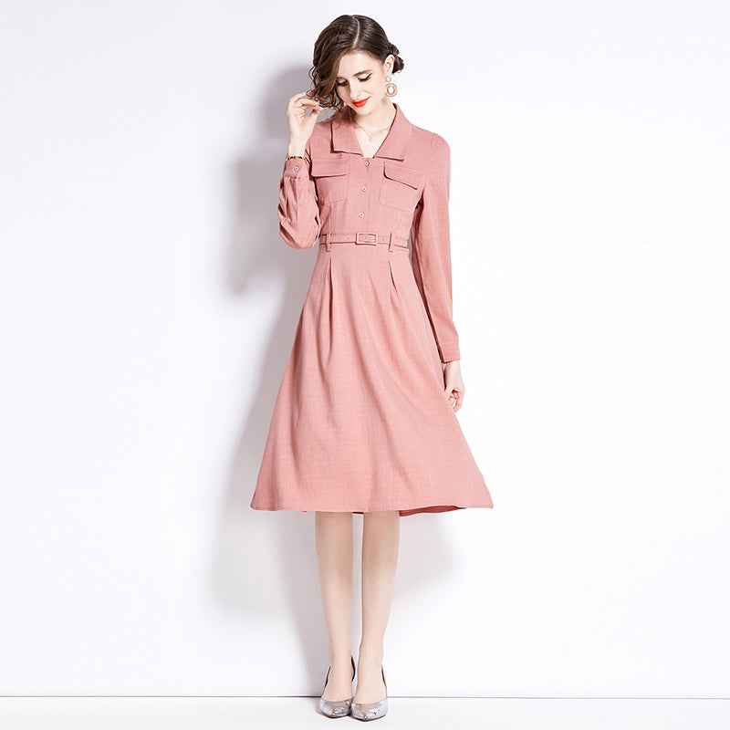 CM-DY090432 Women Elegant European Style V-Neck Long Sleeve Midi Dress - Pink