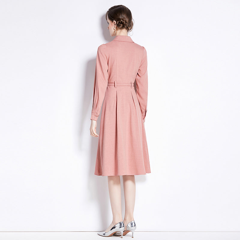 CM-DY090432 Women Elegant European Style V-Neck Long Sleeve Midi Dress - Pink