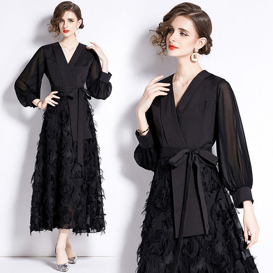 CM-DY090433 Women Elegant European Style V-Neck Long Sleeve Slim Dress - Black