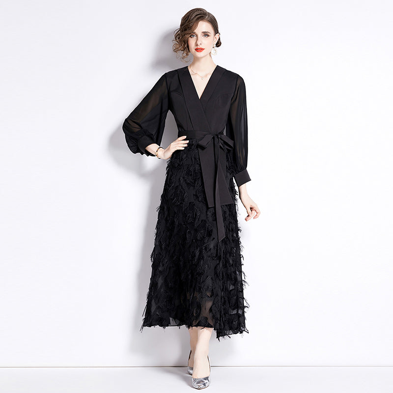 CM-DY090433 Women Elegant European Style V-Neck Long Sleeve Slim Dress - Black