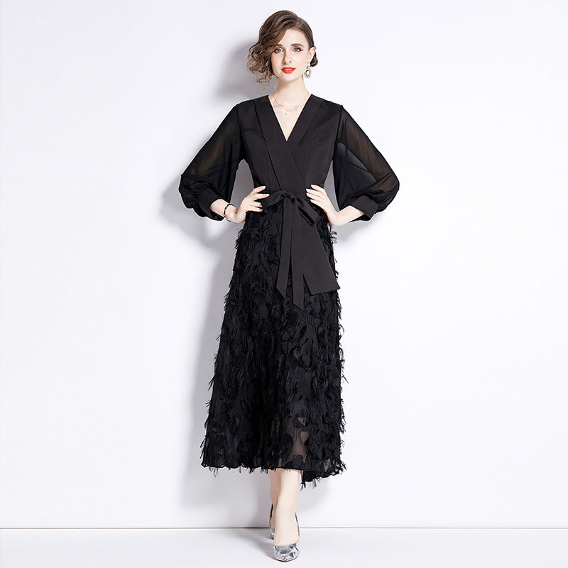 CM-DY090433 Women Elegant European Style V-Neck Long Sleeve Slim Dress - Black