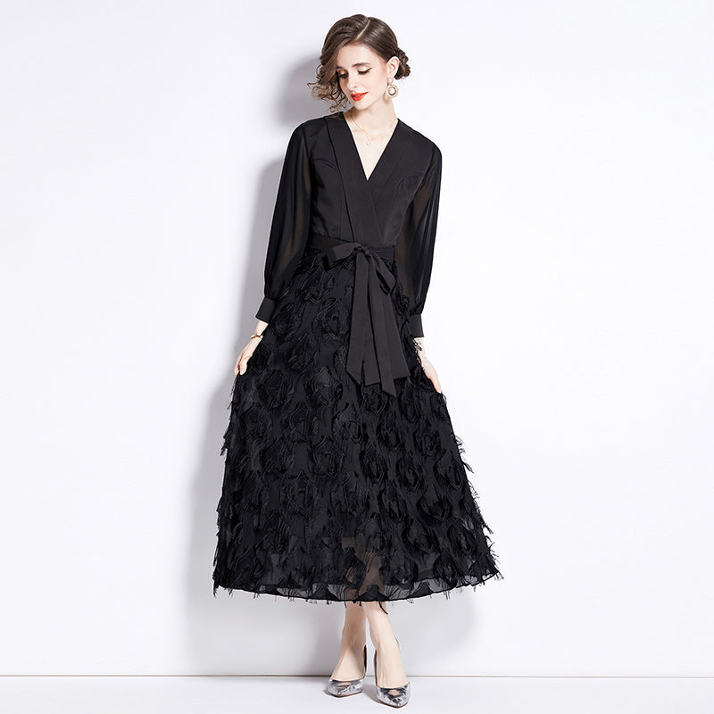 CM-DY090433 Women Elegant European Style V-Neck Long Sleeve Slim Dress - Black