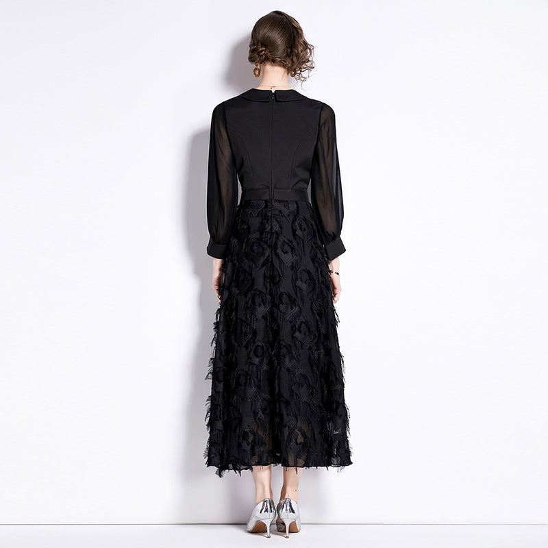 CM-DY090433 Women Elegant European Style V-Neck Long Sleeve Slim Dress - Black