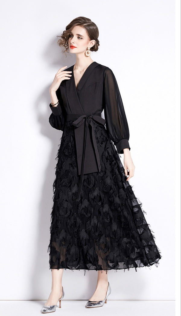 CM-DY090433 Women Elegant European Style V-Neck Long Sleeve Slim Dress - Black