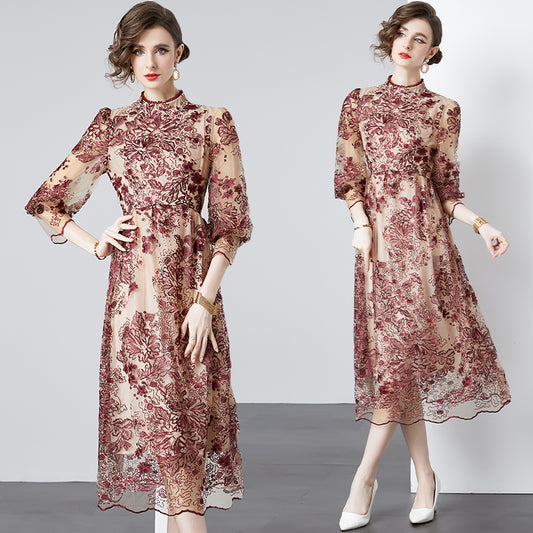 CM-DY090484 Women Elegant European Style Embroidered Gauze Pinched Waist Long Dress