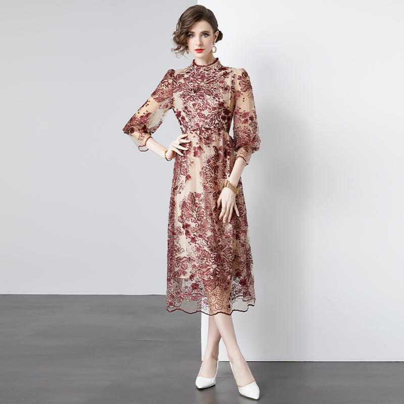CM-DY090484 Women Elegant European Style Embroidered Gauze Pinched Waist Long Dress