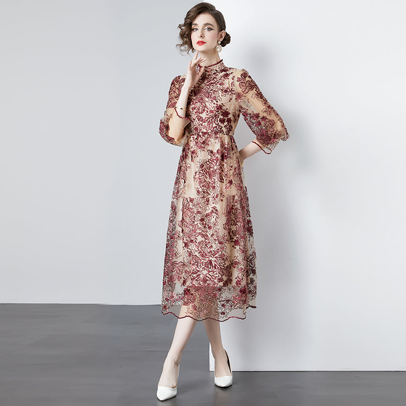 CM-DY090484 Women Elegant European Style Embroidered Gauze Pinched Waist Long Dress