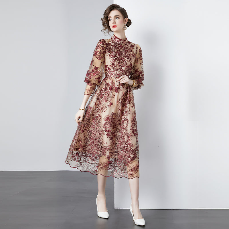 CM-DY090484 Women Elegant European Style Embroidered Gauze Pinched Waist Long Dress