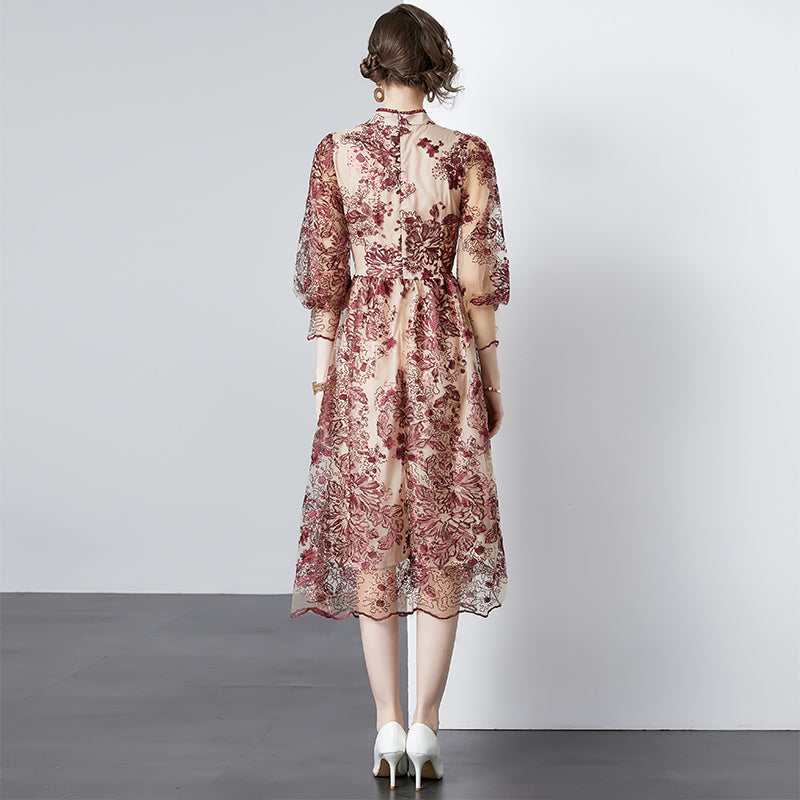 CM-DY090484 Women Elegant European Style Embroidered Gauze Pinched Waist Long Dress