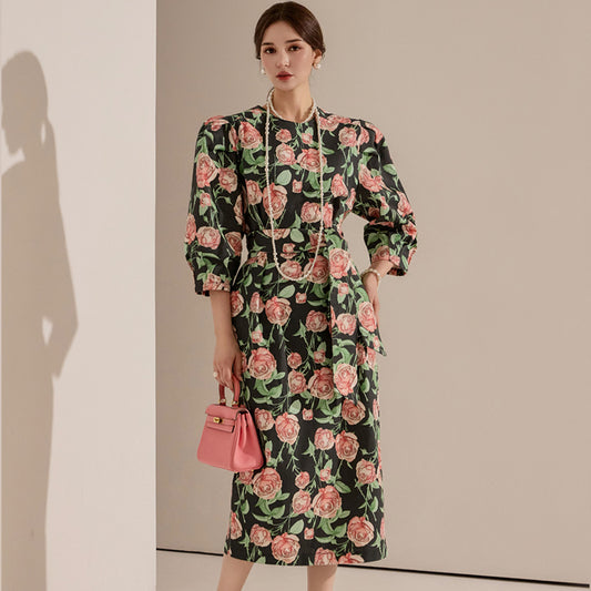 CM-DY090501 Women Elegant Seoul Style Floral Printing 3/4 Sleeve Slim Midi Dress