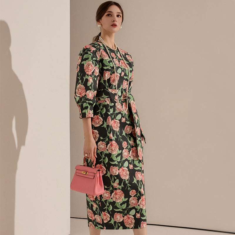 CM-DY090501 Women Elegant Seoul Style Floral Printing 3/4 Sleeve Slim Midi Dress
