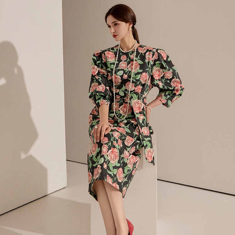CM-DY090501 Women Elegant Seoul Style Floral Printing 3/4 Sleeve Slim Midi Dress