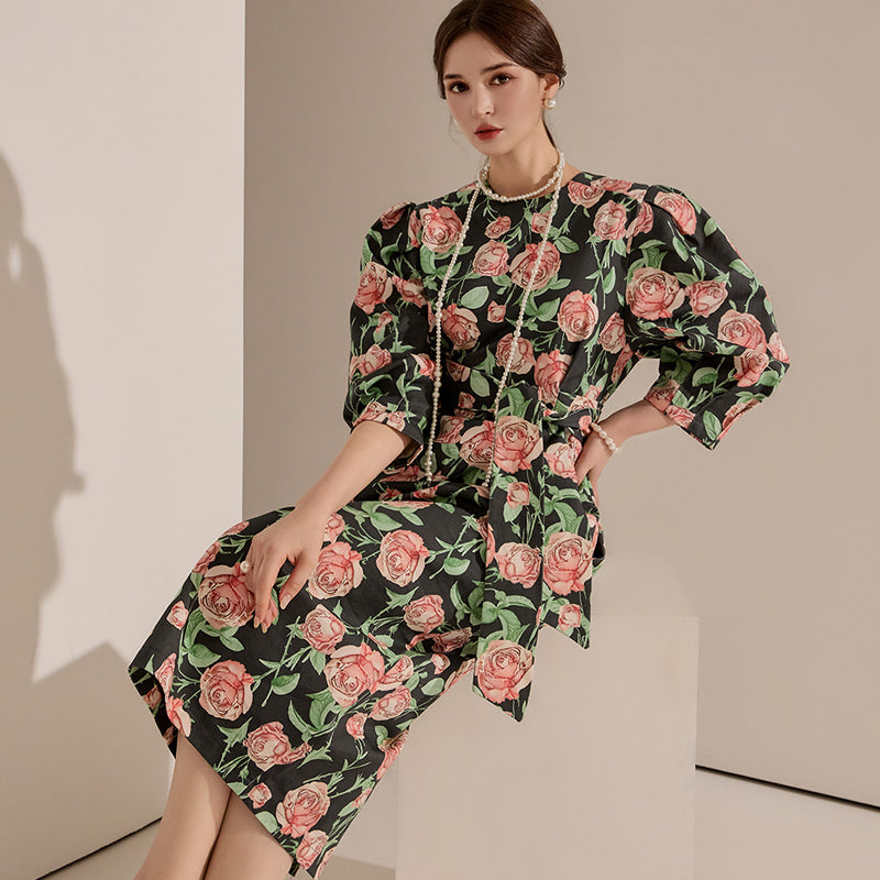 CM-DY090501 Women Elegant Seoul Style Floral Printing 3/4 Sleeve Slim Midi Dress