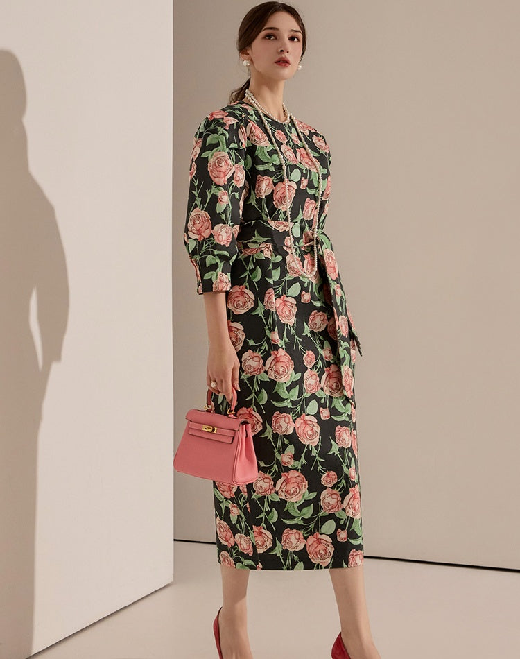CM-DY090501 Women Elegant Seoul Style Floral Printing 3/4 Sleeve Slim Midi Dress