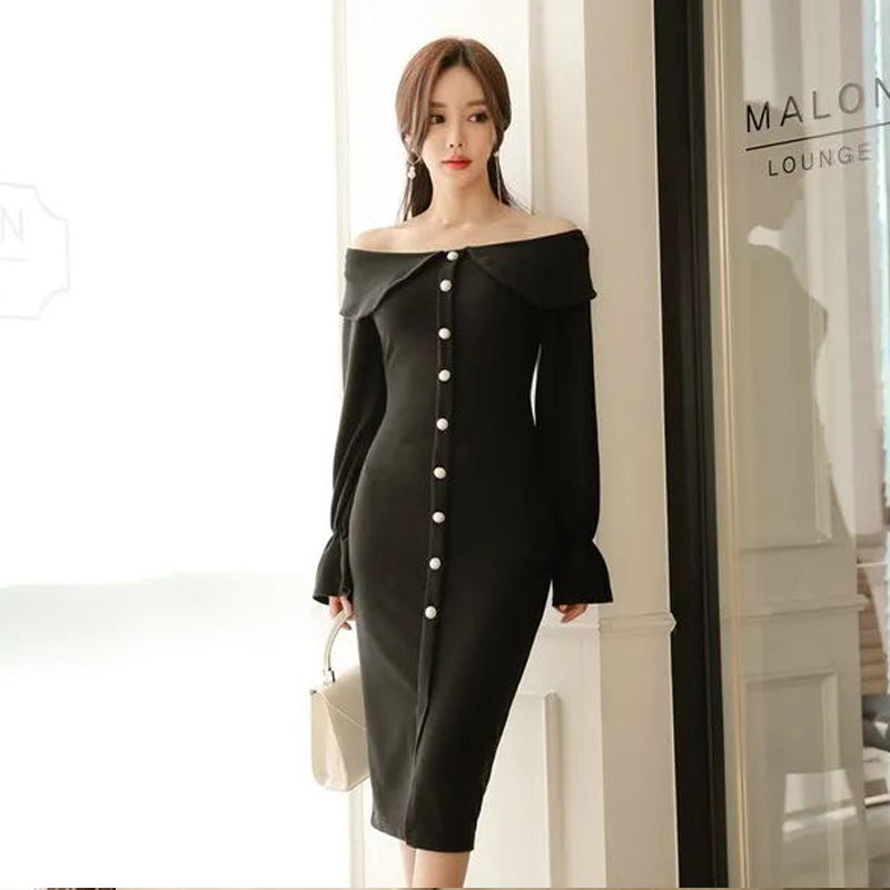 CM-DY090502 Women Elegant Seoul Style Off The Shoulder Long Sleeve Slim Midi Dress