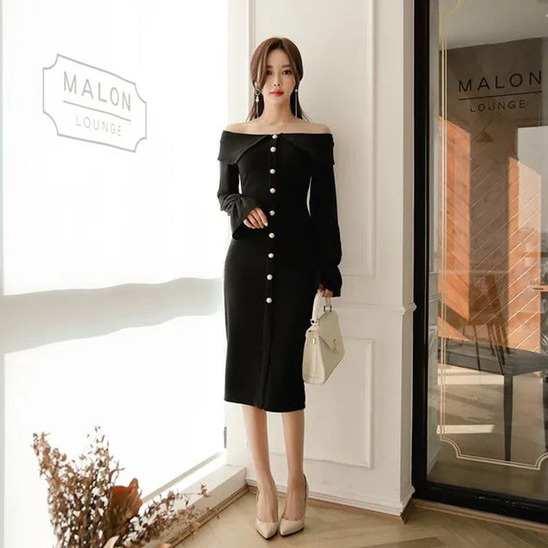 CM-DY090502 Women Elegant Seoul Style Off The Shoulder Long Sleeve Slim Midi Dress