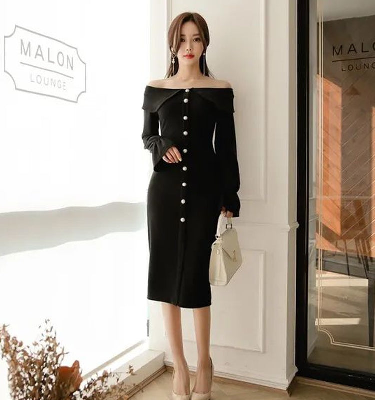 CM-DY090502 Women Elegant Seoul Style Off The Shoulder Long Sleeve Slim Midi Dress