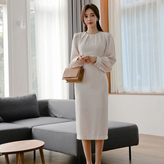 CM-DY090503 Women Elegant Seoul Style Round Neck Long Sleeve Slim Dress - White