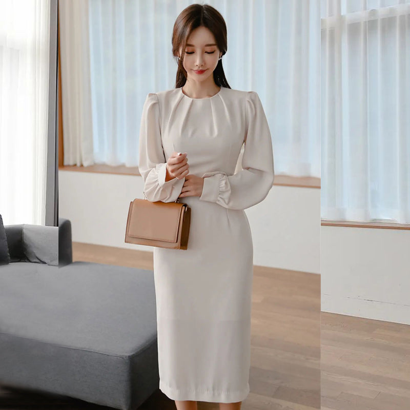 CM-DY090503 Women Elegant Seoul Style Round Neck Long Sleeve Slim Dress - White
