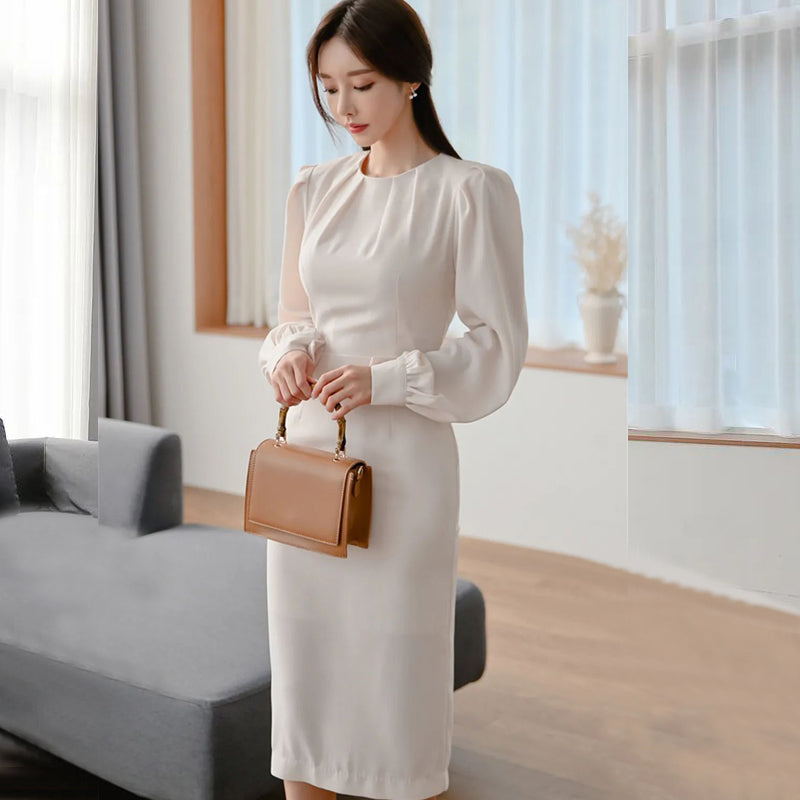 CM-DY090503 Women Elegant Seoul Style Round Neck Long Sleeve Slim Dress - White