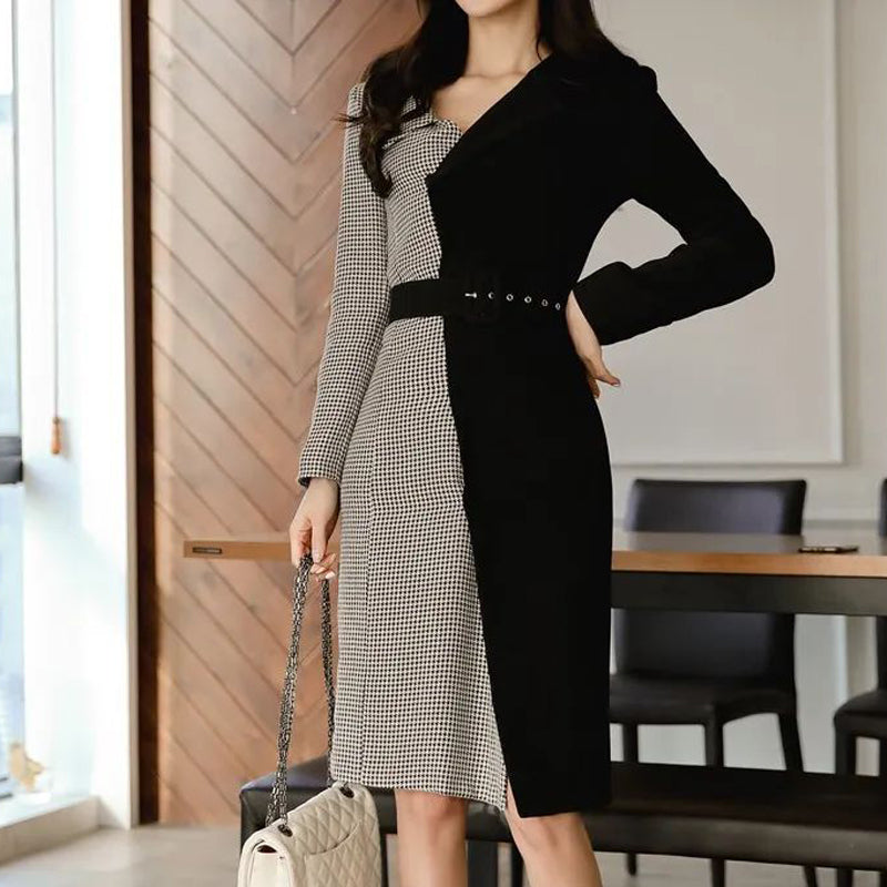 CM-DY090504 Women Elegant Seoul Style Collar Neckline Long Sleeve Houndstooth Dress