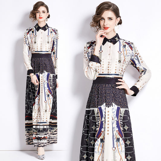 CM-DY090521 Women Elegant European Style Slim Pinched Waist Printing Long Dress