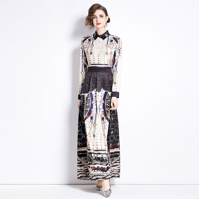 CM-DY090521 Women Elegant European Style Slim Pinched Waist Printing Long Dress