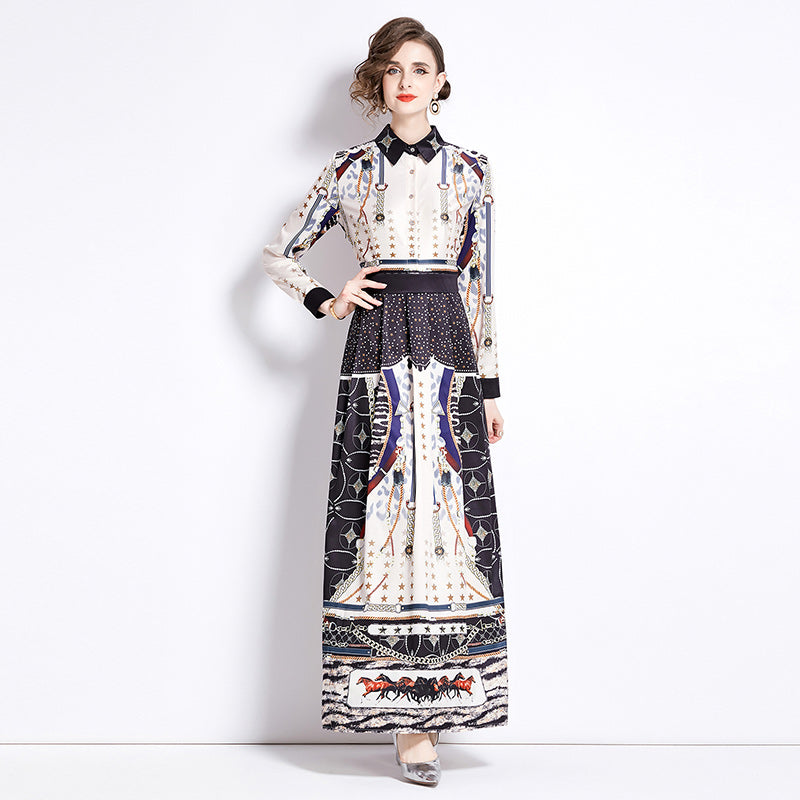 CM-DY090521 Women Elegant European Style Slim Pinched Waist Printing Long Dress