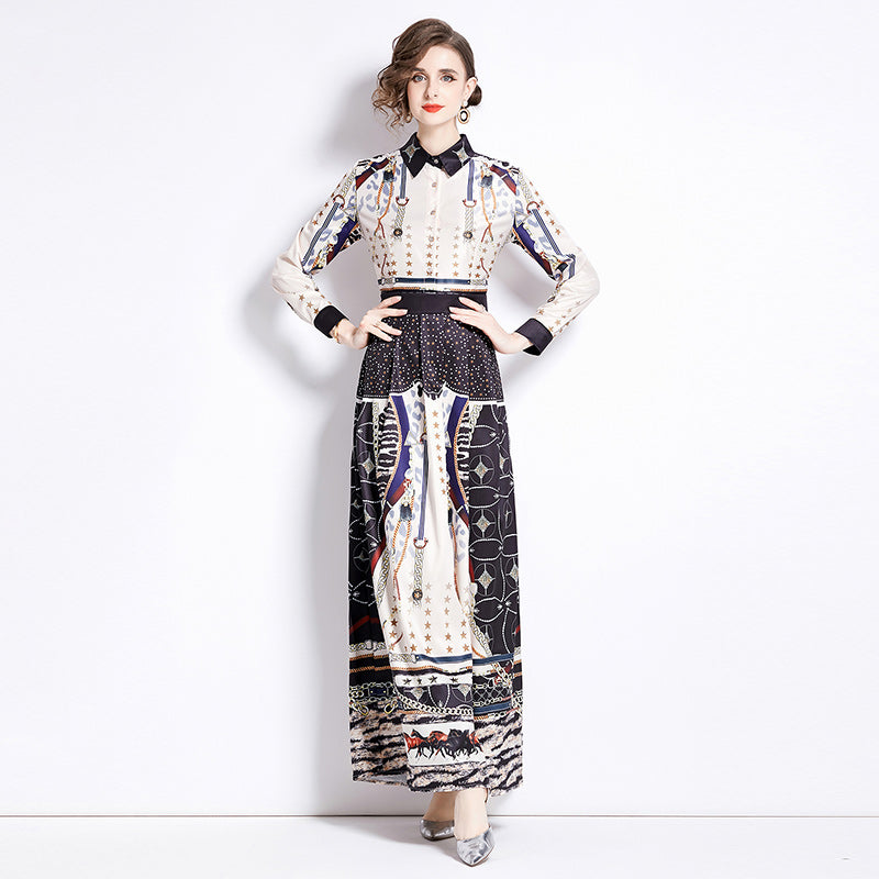 CM-DY090521 Women Elegant European Style Slim Pinched Waist Printing Long Dress