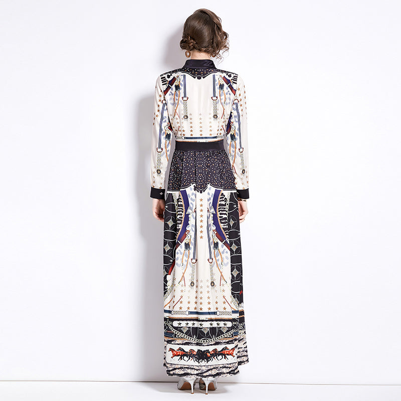 CM-DY090521 Women Elegant European Style Slim Pinched Waist Printing Long Dress