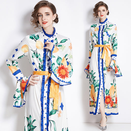 CM-DY090523 Women Elegant European Style Stand Collar Long Sleeve Printing Maxi Dress