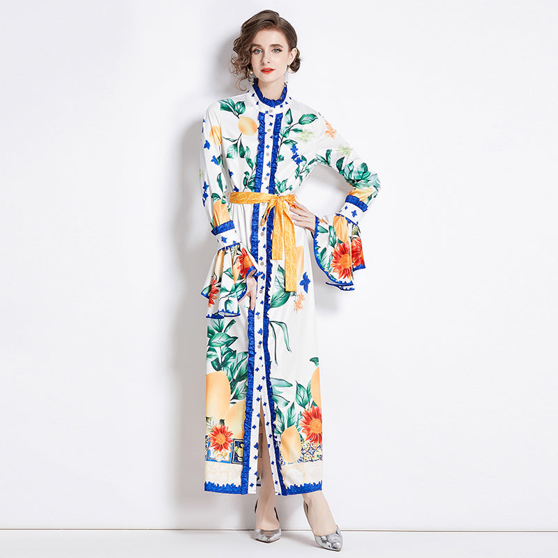 CM-DY090523 Women Elegant European Style Stand Collar Long Sleeve Printing Maxi Dress