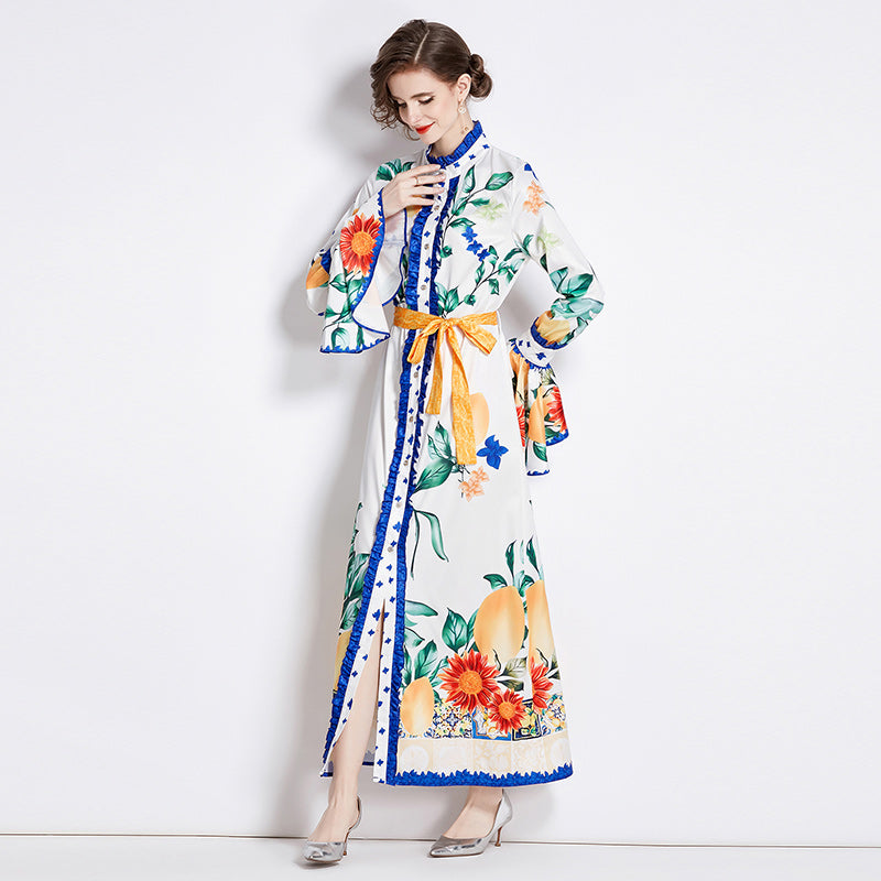 CM-DY090523 Women Elegant European Style Stand Collar Long Sleeve Printing Maxi Dress