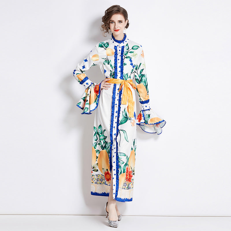 CM-DY090523 Women Elegant European Style Stand Collar Long Sleeve Printing Maxi Dress