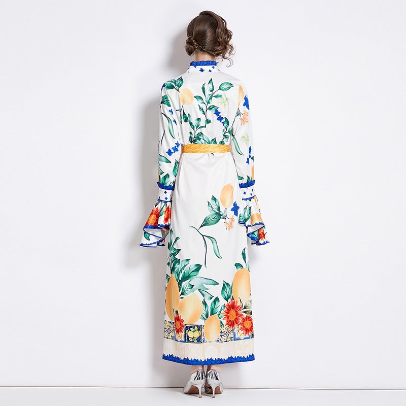 CM-DY090523 Women Elegant European Style Stand Collar Long Sleeve Printing Maxi Dress