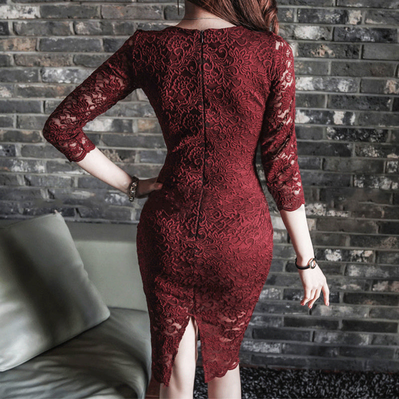 CM-DY090608 Women Elegant Seoul Style Lace V-Neck 3/4 Sleeve Slim Midi Dress