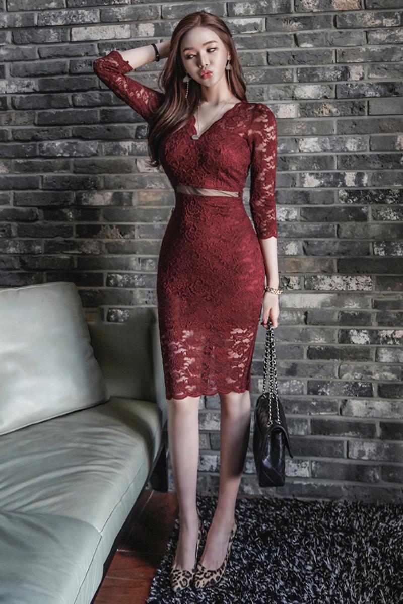 CM-DY090608 Women Elegant Seoul Style Lace V-Neck 3/4 Sleeve Slim Midi Dress