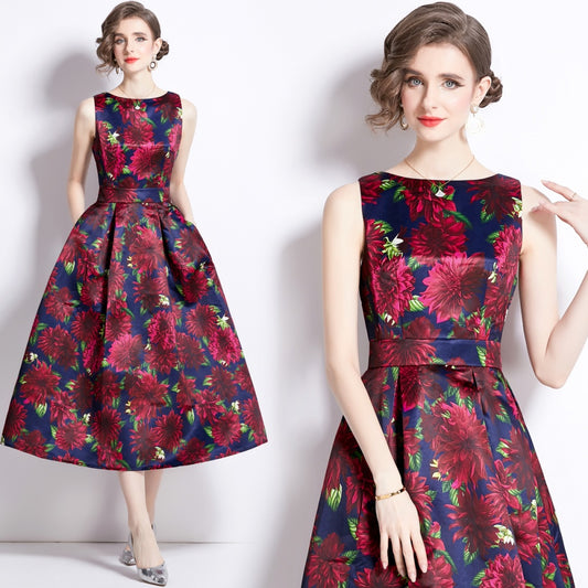 CM-DY090879 Women Elegant European Style Round Neck Sleeveless Pinched Waist Dress