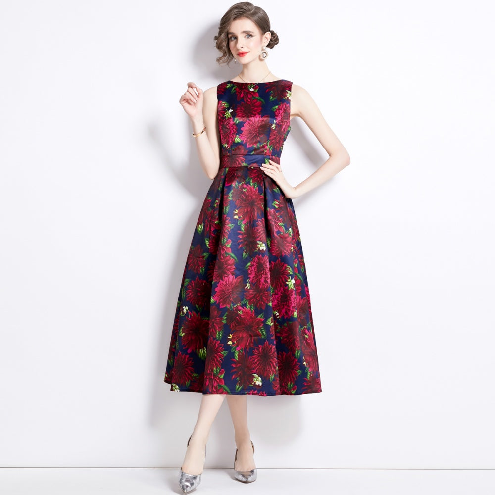 CM-DY090879 Women Elegant European Style Round Neck Sleeveless Pinched Waist Dress