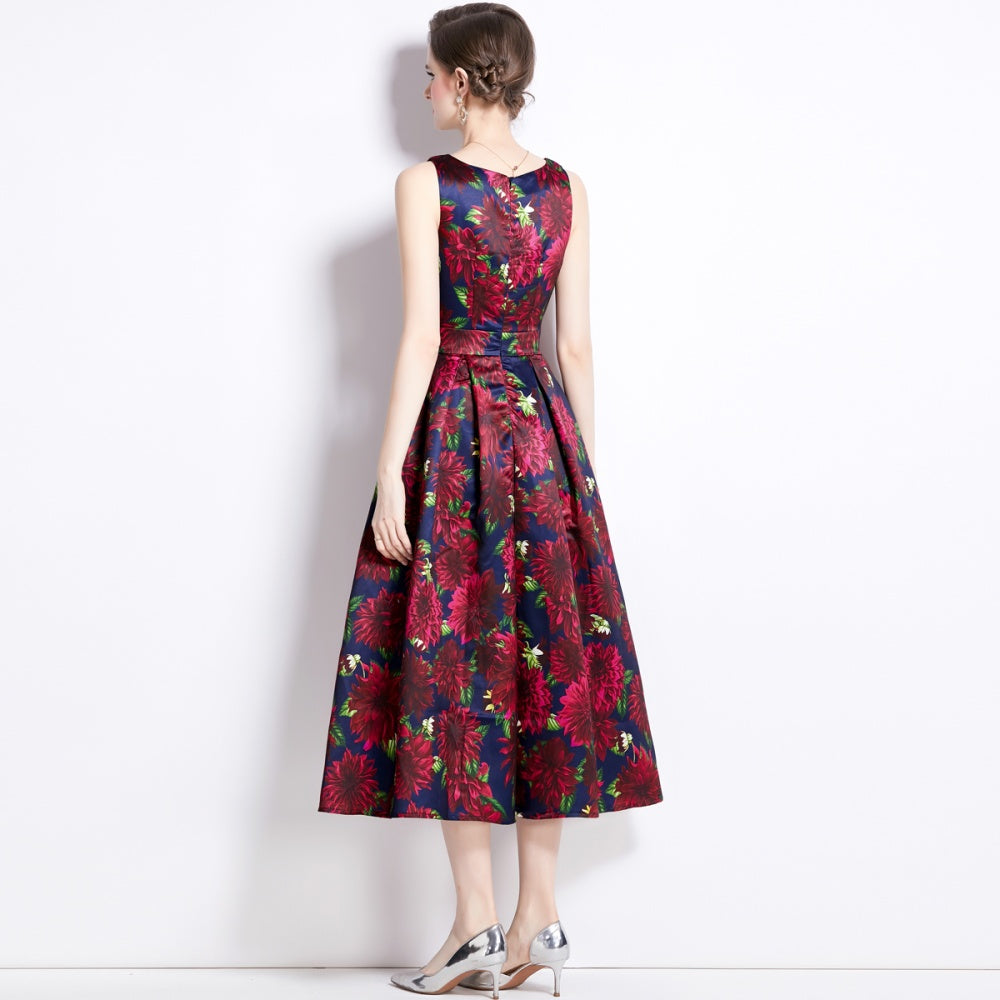 CM-DY090879 Women Elegant European Style Round Neck Sleeveless Pinched Waist Dress