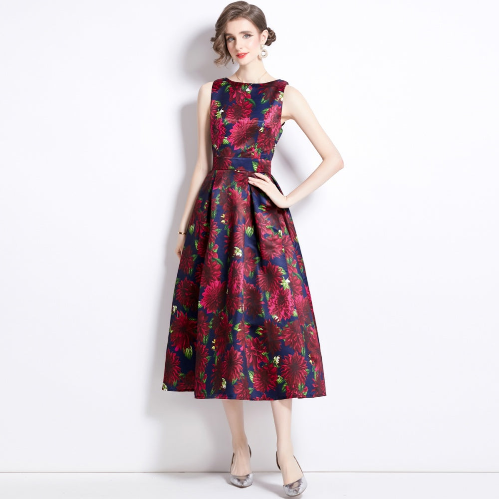 CM-DY090879 Women Elegant European Style Round Neck Sleeveless Pinched Waist Dress