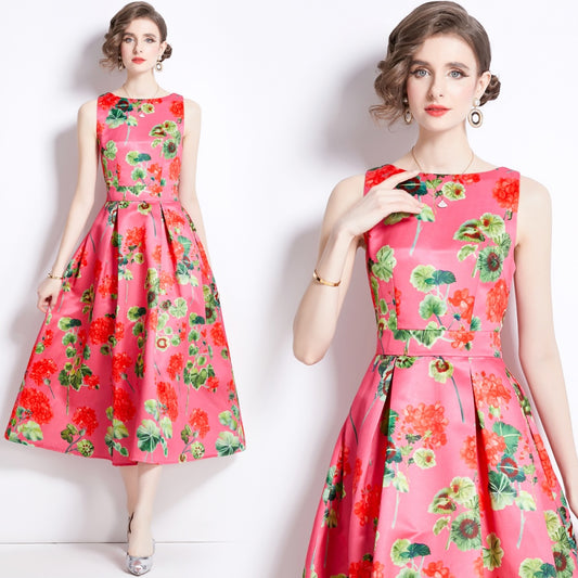 CM-DY090880 Women Elegant Euroepan Style Round Neck Sleeveless A-Line Dress