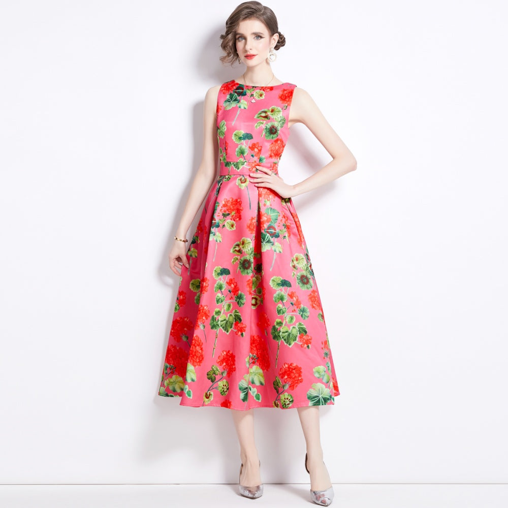 CM-DY090880 Women Elegant Euroepan Style Round Neck Sleeveless A-Line Dress