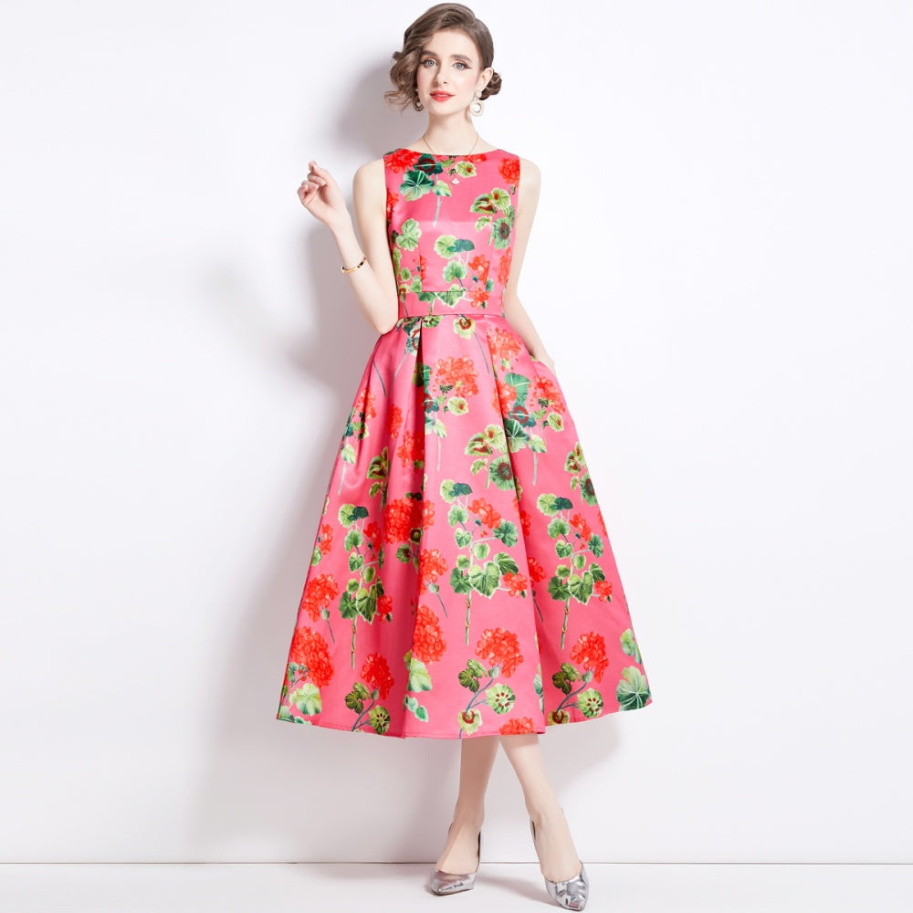 CM-DY090880 Women Elegant Euroepan Style Round Neck Sleeveless A-Line Dress